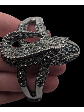 Goth Rhinestone Lizard Hinged Bracelet Silver Tone Crystal Gecko Statement Cuff